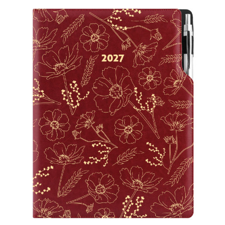 Diář DESIGN denní A4 2027 - bordó - Květiny