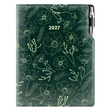 Diář DESIGN denní A4 2027 - zelená - Květiny