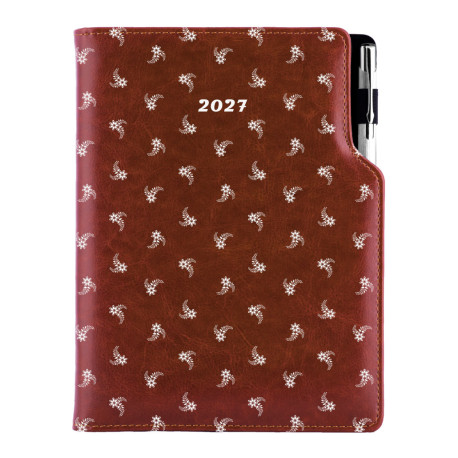 Diář DESIGN týdenní speciál A5 2027 - hnědá - Bílý květ
