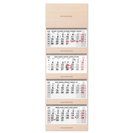 Dřevěný čtyřměsíční kalendář Kvatro Wood skládaný český se spirálou 2027 - šedý