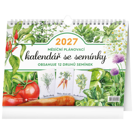 Nástěnný i stolní kalendář 2027 Měsíční plánovací se semínky a háčkem